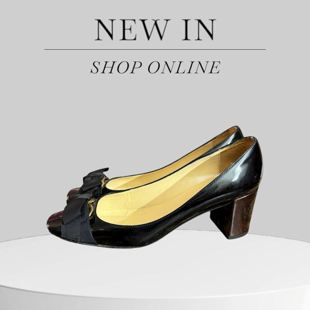 kate spade Black Patent Leather Bow tortoise Block Heel Pumps in original box